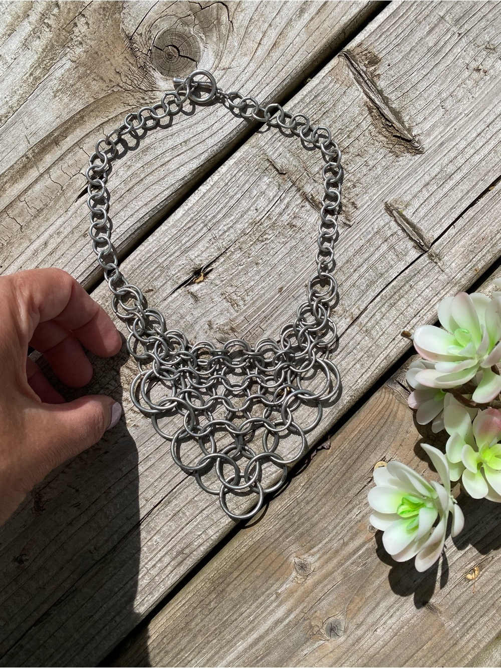 Rustic chunky metal chunky chainmail bib necklace w hippy southwestern vibe - Picture 7 of 10